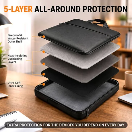 Diagram of the five protective layers in the Mr. Guardwell fireproof bag